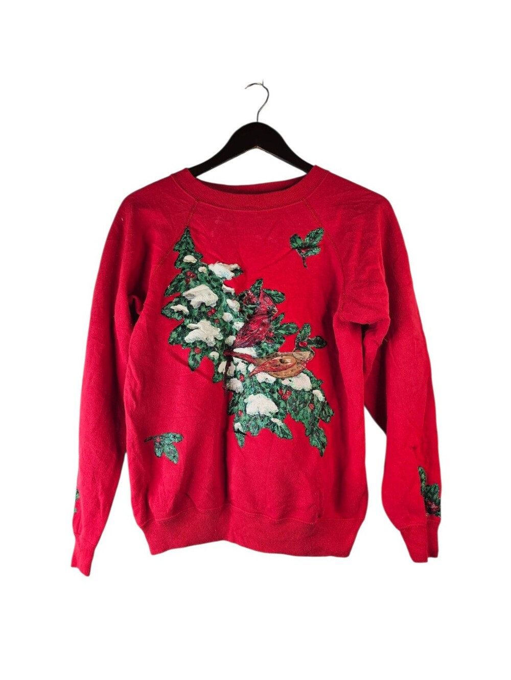 Vintage Hanes Her Way Christmas Sweatshirt Medium Red Cardinal Birds 90s